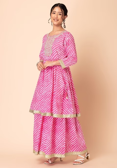 Pink Leheriya Print Cotton Sharara With Kurta And Chiffon Dupatta - Image 2