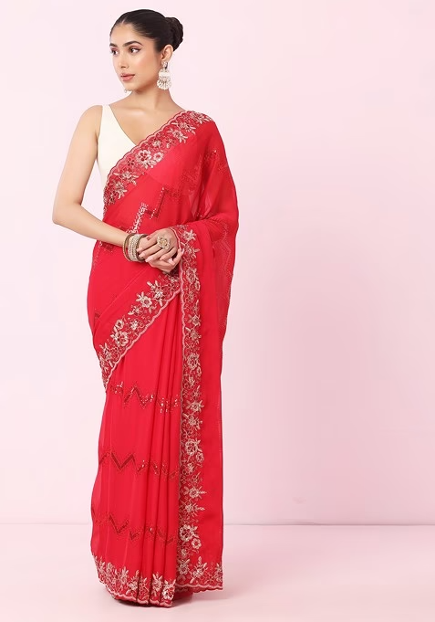 Rani Pink Chevron Sequin And Floral Embroidered Saree With Blouse - Image 3