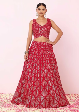 Berry Pink Matte Sequin Embroidered Lehenga Set With Embroidered Blouse And Dupatta