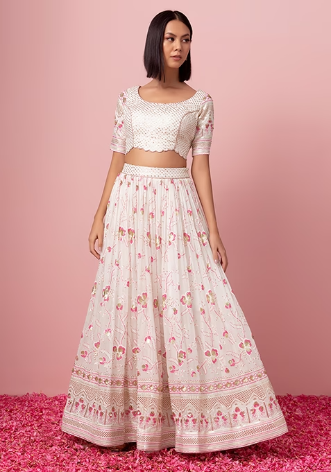 White Floral Sequin Embroidered Lehenga Set With Blouse And Dupatta - Image 4