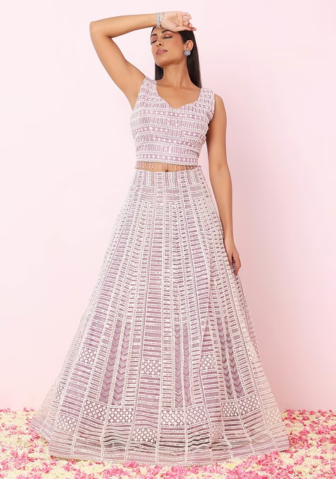 Lilac Abstract Sequin Thread Embroidered Lehenga Set With Blouse And Dupatta - Image 3