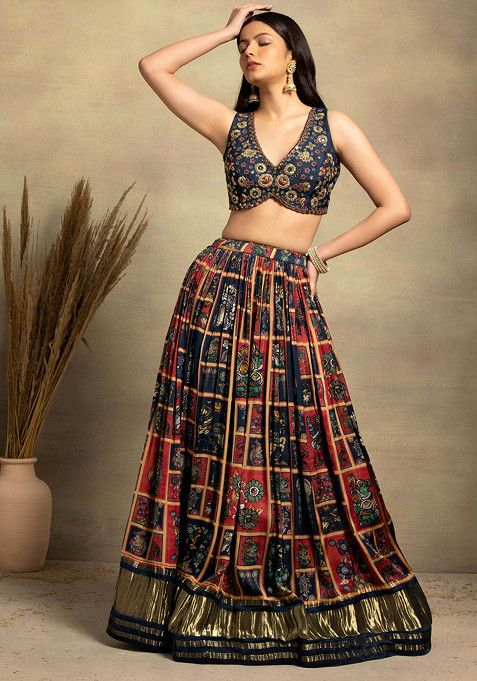 Navy Blue Abstract Print Satin Lehenga Set With Embellished Blouse And Dupatta - Image 3