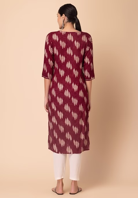 Maroon Leaf Print Embroidered Rayon Kurta - Image 4
