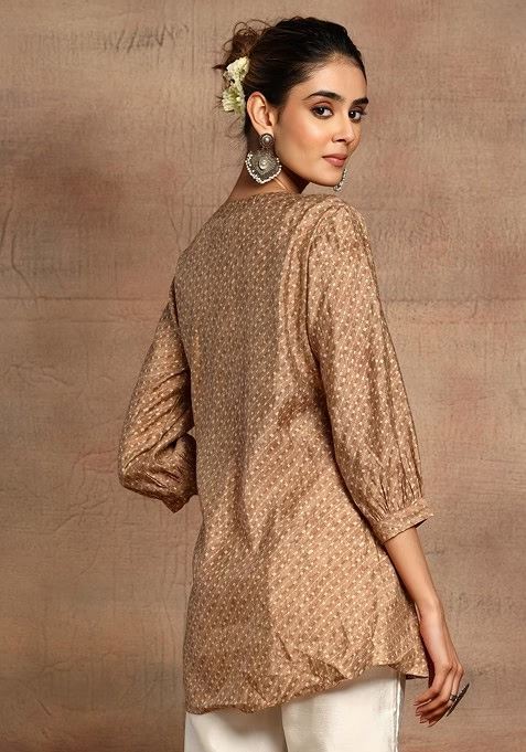 Brown Mirror Embroidered Short Muslin Kurta - Image 4