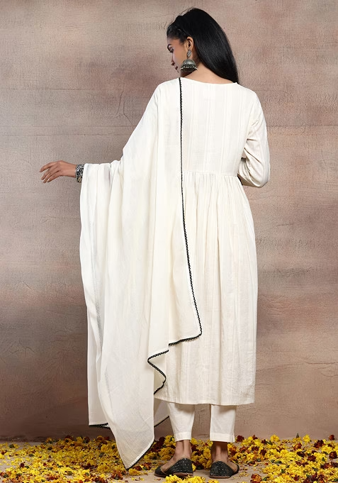 White V-Neck Embroidered Cotton Kurta With Pants And Dupatta - Image 4