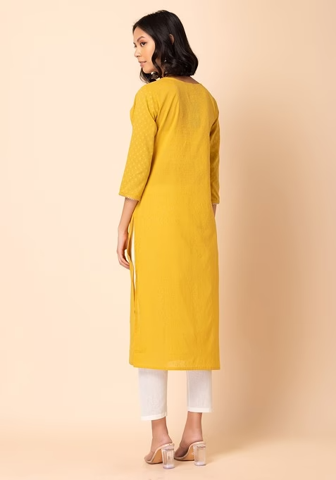 Yellow Tasseled Cotton Straight Kurta - Image 4
