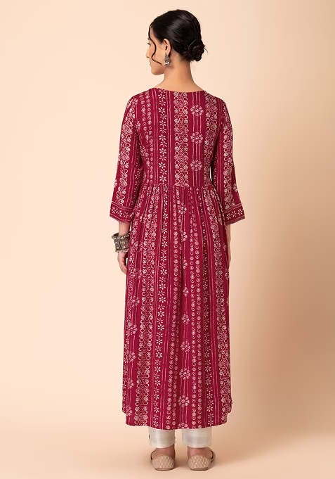 Red Batik Print Rayon Anarkali Kurta - Image 4