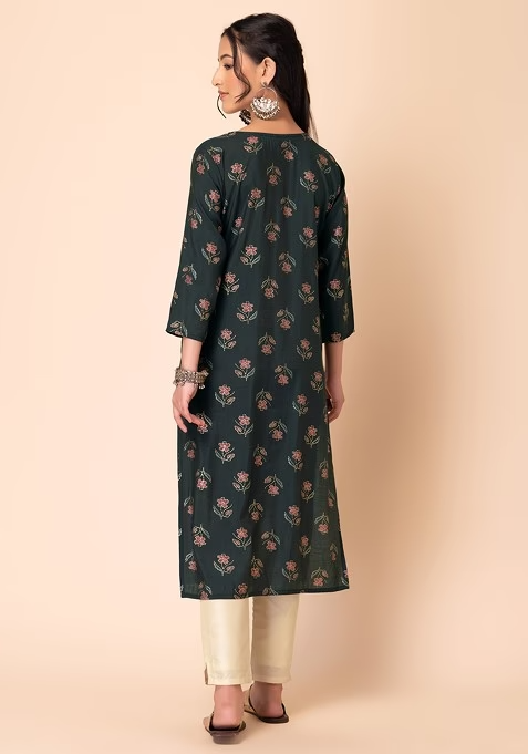 Black Floral Print Straight Kurta - Image 4