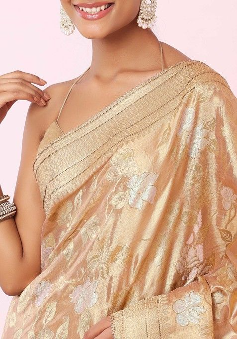 Sage Green Floral Embroidered Jacquard Silk Saree With Blouse - Image 4