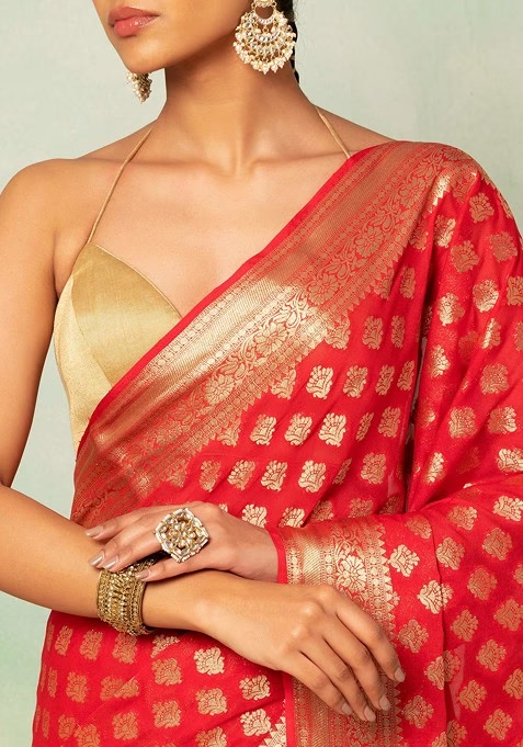 Red Floral Brocade Saree With Blouse - Image 3