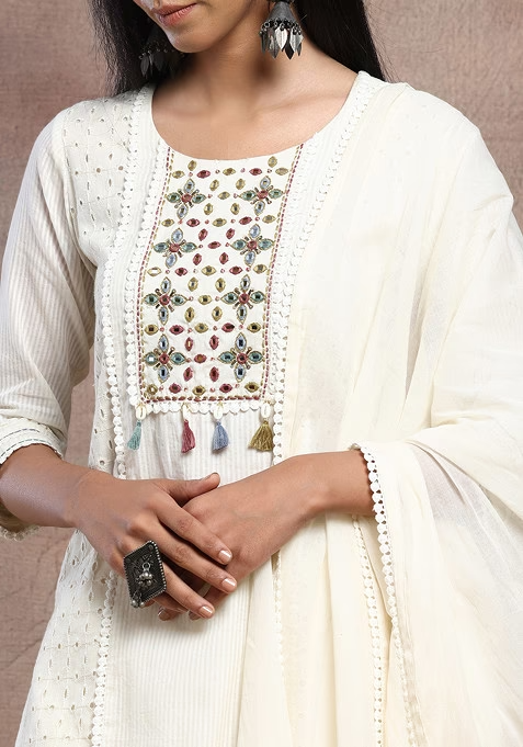 Ivory Mirror Embroidered Schiffli Cotton Kurta With Pants And Dupatta - Image 3
